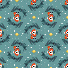 Seamless Christmas pattern with Santa Claus, fir trees, stars and snowflakes on blue background. Bright print for New Year and winter holiday, wrapping paper, textiles and design.