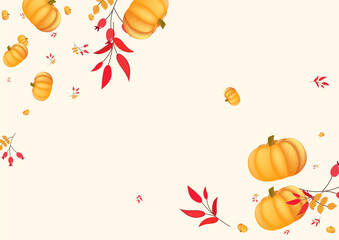 Colorful Rowan Background Beige Vector. Leaves Picking. Yellow Nature Border. Maple Set. Gold Plant Pumpkins Frame.