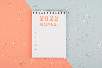 Goals 2022 new year motivation notebook with clear list.