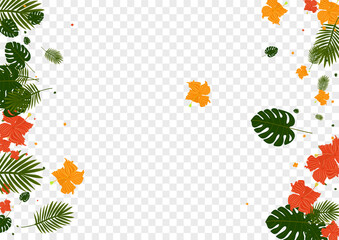 Yellow Leaves Background Transparent Vector. Hibiscus Vacation Frame. Green Monstera. Aloha Design. Light Green Rainforest Texture.