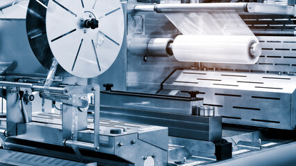 The operation of automatic plastic bag production machine with lighting effect. Close-up of the...