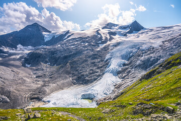 Mountain glacier in Austrian Alps. Schlaten Glacier, German: Schlatenkees, in Venediger Group, Hohe Tauern National Park, East Tyrol, Austria