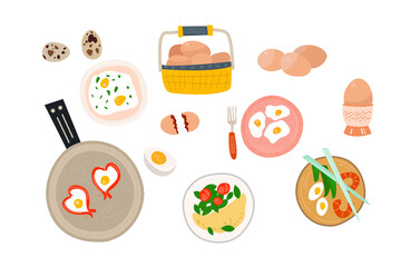 Set of chicken and quail eggs and egg dishes, scrambled eggs, omelet, Japanese food, various breakfast options in flat style