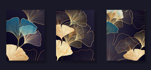 Luxury black and white background with golden ginkgo leaves. Stylish botanical design with lines for the interior.