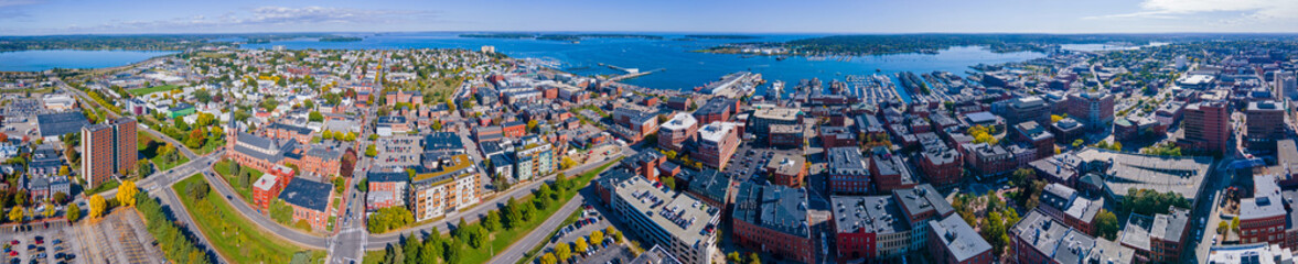 Panoramic aerial view of Portland Old Port and Fore River in downtown Portland, Maine ME, USA. 