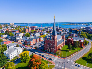 Portland Cathedral of the Immaculate Conception at 307 Congress Street in downtown Portland, Maine ME, USA.  - obrazy, fototapety, plakaty
