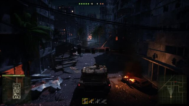 4K Fake 3D warzone tank simulator at night with hud