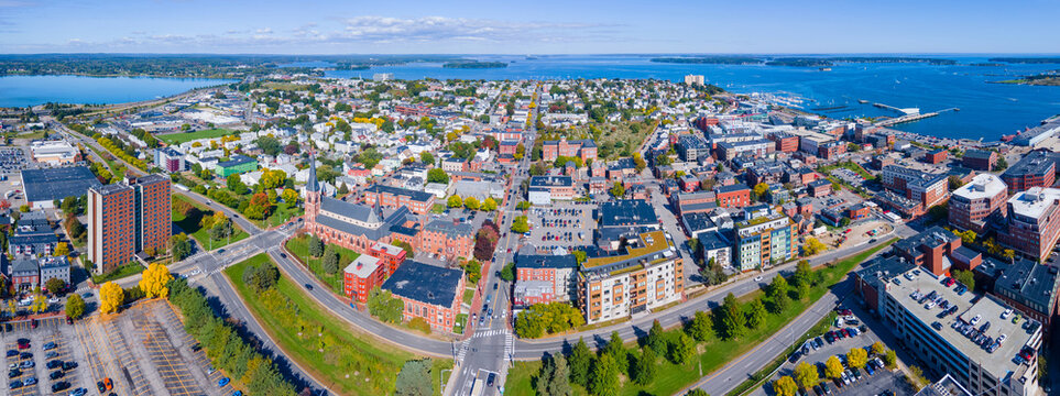 Panoramic aerial view of Munjoy Hill historic district on Congress Street and Portland Harbor from downtown Portland, Maine ME, USA. © Wangkun Jia
