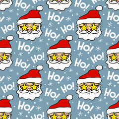 Seamless new year pattern with Santa superstar and phrase ho ho ho. Christmas gift background in white and red colors. Santa in sunglasses. Vector illustration
