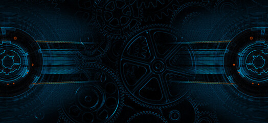 A banner of old technology and new using computer circuits and old machine cogs
