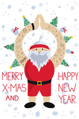 Vector illustration of funny sporty Santa in red shorts with tattoos on his hands, isolated on white background