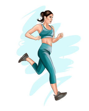 Sportive woman runner from multicolored paints, colored drawing, sport and healthy lifestyle. Vector illustration of paints