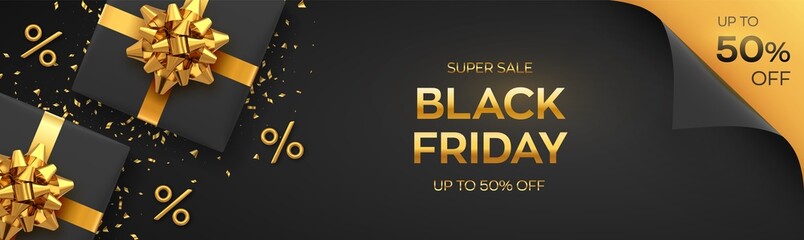 Naklejka na ściany i meble Black Friday Super Sale. Realistic black gifts boxes with golden bows. Dark background with present boxes and golden percent symbols. Horizontal banner, poster, header website. Vector illustration.