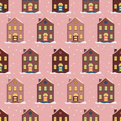 Seamless pattern with festive Christmas houses and snow on pink background. Bright print for New Year and winter holidays for wrapping paper, textile and design