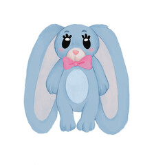 cute blue plush bunny with big ears and pink bow on neck in cartoon style isolated on white background ,holiday, animals, toys , kindergarten , easter, print, design