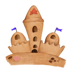 brown sand castle with three towers , one long and two round with a red star on the beach isolated on a white background ,architecture , buildings , sea , children's 