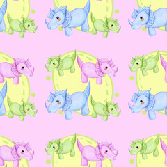 seamless pattern colored side view cute dinosaur triceratops cartoon style on pink yellow background  , animals, baby , horns, stripes, print, design