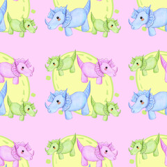 seamless pattern colored side view cute dinosaur triceratops cartoon style on pink yellow background  , animals, baby , horns, stripes, print, design