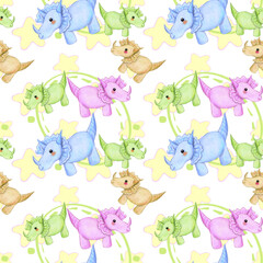 seamless pattern colored side view cute dinosaur triceratops in cartoon style on white background with yellow stars , animals, baby, horns, stripes, print, design