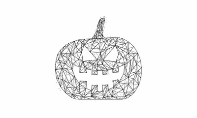 Halloween Pumpkin with scary face isolated on white background. Low poly wireframe Halloween concept. Digital low poly vector illustration.