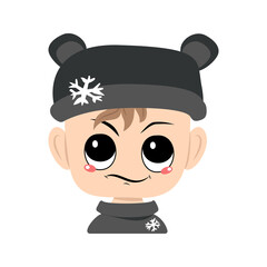 Child with emotions of suspicious, displeased face in bear hat with snowflake. Cute baby with annoyed expression in carnival costume or winter headdress. Head of adorable kid