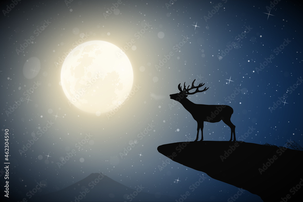 Wall mural lonely deer on cliff edge. animal in snowy weather. full moon at night