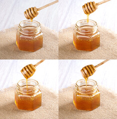 Fresh delicious transparent honey in a glass jar with a spoon for honey. Honey dripping from a spoon. On burlap