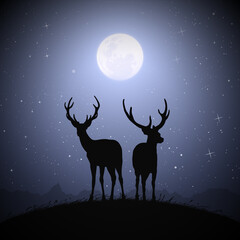 Deer family on hill. Animal silhouettes. Full moon at starry night