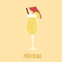 Hand drawn cartoon vector illustration of pina colada alcoholic tropical cocktail. Beach vacation concept. Isolated on white.