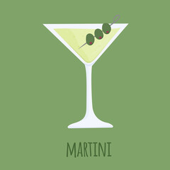 Hand drawn cartoon vector illustration of Dirty Martini alcoholic cocktail. Mix of gin, vermouth and olive brine. Isolated on white with text.