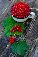currant berries in a mug on a wooden background. High quality photo