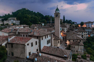 Italy. Evening in the old town of Assolo. Light in the windows.