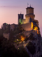 San Marino. Old stone towers on top of the mountain.