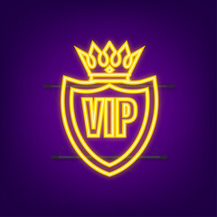 Gold Vip label neon sign on black background. Vector stock illustration.