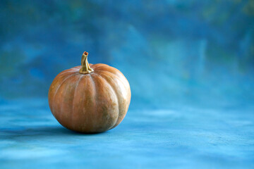 Round ribbed pumpkin on a decorative blue background with light gilding. Copy space.