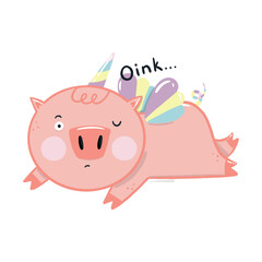 Tired kawaii funny pig. Oink lettering.