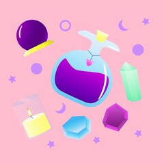 set of magic items magic potion magic ball and candle