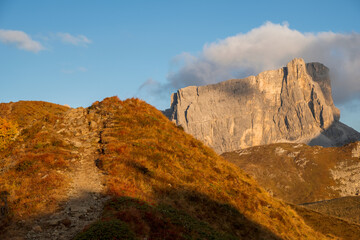 Famous Passo di Giau, Monte Gusela at behind Nuvolau gruppe the Dolomites mountains, near the...