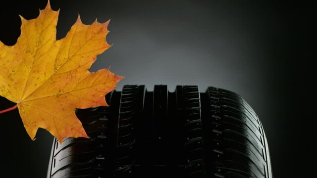 Super Slow Motion of Car Tire with Water Splash and Autumn Leaves, Isolated on Black Background. Filmed on High Speed Cinema Camera at 1000 fps.