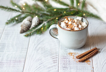 Winter hygge background with cocoa, marshmallow, cinnamon, red berries and christmas lights