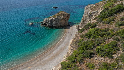 Aerial drone photo of beautiful turquoise paradise beach of Kaladi one of the best in island of Kythera, Ionian, Greece