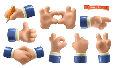 Hands 3d vector icon set. Handshake, heart sign, okay, thumb up, pointer gestures - 462308164