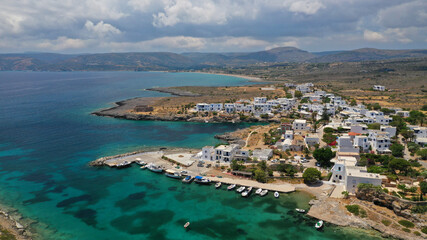 Fototapeta na wymiar Aerial drone photo of iconic seaside traditional village and castle of Avlemonas, Kythira island, Ionian, Greece