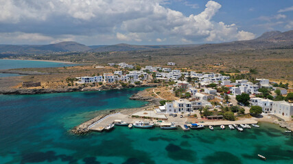 Obraz premium Aerial drone photo of iconic seaside traditional village and castle of Avlemonas, Kythira island, Ionian, Greece