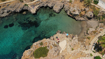 Aerial drone photo of iconic seaside traditional village and castle of Avlemonas, Kythira island, Ionian, Greece