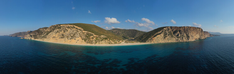 Aerial drone photo of beautiful turquoise beach of Komponada, Kythira island, Ionian, Greece