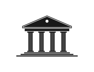 Government icon. Building of court. Black house with pillar in roman style. Architecture for greek museum, bank, university and courthouse. Silhouette on white background. Federal structure. Vector