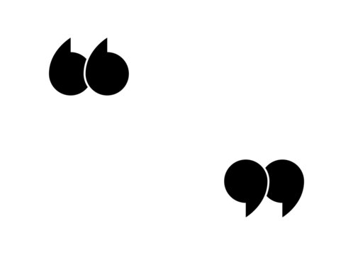 Quote icon. Mark for quotation, speech and citation. Double comma and inverted double comma. Black symbol for bubble, discussion and text. Graphic logo for open and end of chat. Vector