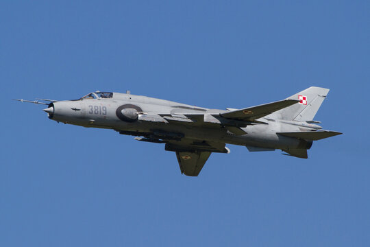 Polish Air Force Sukhoi SU-22 Fitter fighter jet in front of blue sky