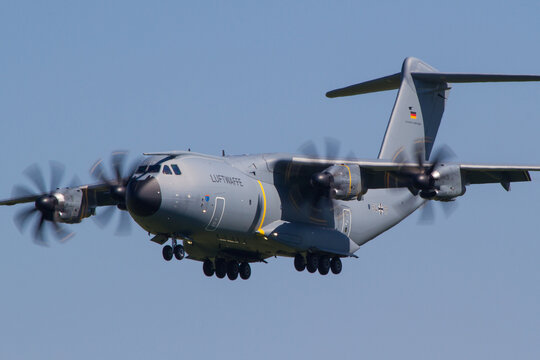 German Air Force Luftwaffe Airbus A400M military transporter in the air on final